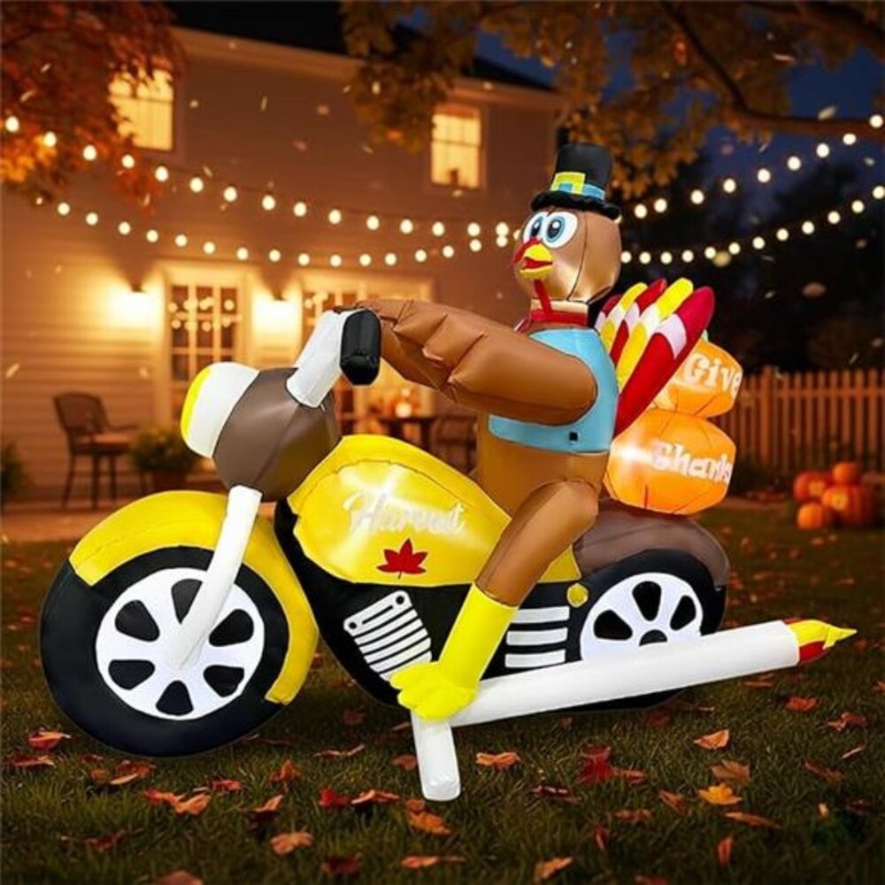 7FT Length Thanksgiving Inflatable Turkey Riding Motorcycle Decorations LED - Picture 7 of 7